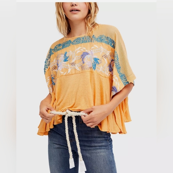 Free People Love Letter Embroidered Peasant Blouse Tangerine - Size: S - Picture 2 of 8